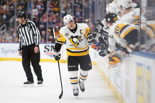 EDMONTON, AB - MARCH 10:  Sidney Crosby #87 of the Pittsburgh Penguins celebrates a shootout goal against the Edmonton Oilers on March 10, 2017 at Rogers Place in Edmonton, Alberta, Canada. (Photo by Codie McLachlan/Getty Images)