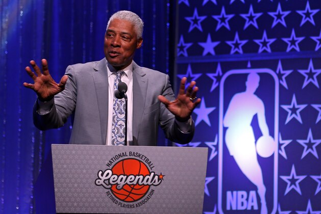 IMAGE DISTRIBUTED FOR NBRPA - NBA hall of famer Julius Erving speaks after being honored as Hometown Hero in New York, NY on Sunday, Feb. 15, 2015. The National Basketball Retired Players Association (NBRPA) and NBA hosted the annual Legends Brunch in New York City at the Jacob K. Javits Convention Center in celebration of NBA All-Star Weekend. Julius Erving was honored as Hometown Hero, Kareem Abdul-Jabbar was honored for Community Service and Willis Reed was named Legend of the Year. Kenny Smith, Chris Mullin, Bernard King, Walt Frazier and Nate