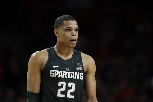 Michigan State guard Miles Bridges stands on the court in the second half of an NCAA college basketball game against Maryland, Saturday, March 4, 2017, in College Park, Md. (AP Photo/Patrick Semansky)