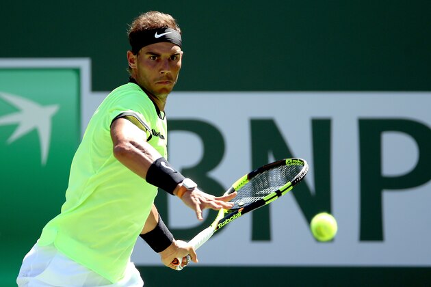 INDIAN WELLS, CA - MARCH 14:  Rafael Nadal of Spain returns a shot to Fernando Verdasco of Spain during the BNP Paribas Open at the Indian Wells Tennis Garden on March 14, 2017 in Indian Wells, California.  (Photo by Matthew Stockman/Getty Images)