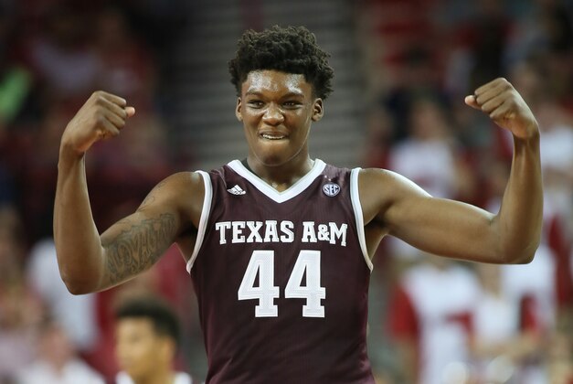 Feb 22, 2017; Fayetteville, AR, USA; Texas A&M Aggies forward Robert Williams (44) reacts after a play in the second half against the Arkansas Razorbacks at Bud Walton Arena. Arkansas defeated Texas A&M 86-77. Mandatory Credit: Nelson Chenault-USA TODAY Sports