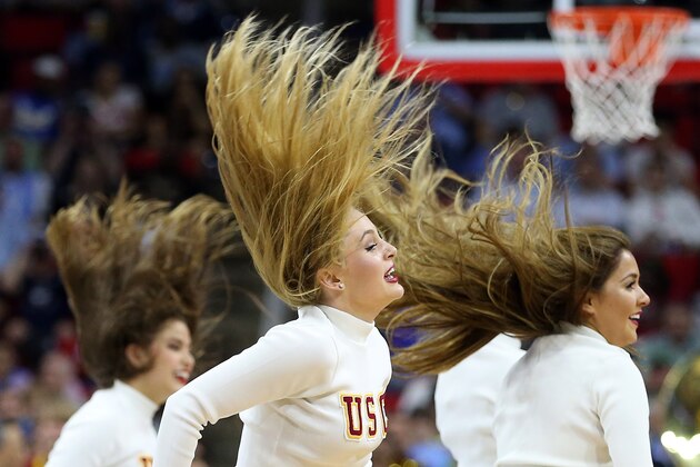 RALEIGH, NC - MARCH 17:  USC Trojans cheerleaders perform in the game against the Providence Friars during the first round of the 2016 NCAA Men's Basketball Tournament at PNC Arena on March 17, 2016 in Raleigh, North Carolina.  (Photo by Streeter Lecka/Getty Images)