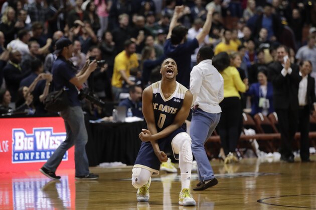 UC Davis' Brynton Lemar celebrates his team's 50-47 win against UC Irvine in an NCAA college basketball game for the championship of the Big West tournament  Saturday, March 11, 2017, in Anaheim, Calif. (AP Photo/Jae C. Hong)