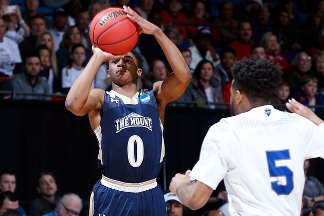 DAYTON, OH - MARCH 14:  Junior Robinson #0 of the Mount St. Mary's Mountaineers shoots the ball in the first half of the First Four game against the New Orleans Privateers in the 2017 NCAA Men's Basketball Tournament at UD Arena on March 14, 2017 in Dayton, Ohio.  (Photo by Joe Robbins/Getty Images)