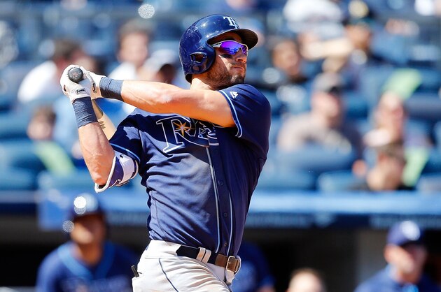 NEW YORK, NY - APRIL 23:  (NEW YORK DAILIES OUT)   Kevin Kiermaier #39 of the Tampa Bay Rays follows through on a home run against the New York Yankees at Yankee Stadium on April 23, 2016 in the Bronx borough of New York City. The Yankees defeated the Rays 3-2.  (Photo by Jim McIsaac/Getty Images)