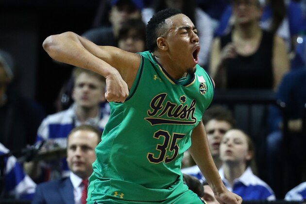 NEW YORK, NY - MARCH 11:  Bonzie Colson #35 of the Notre Dame Fighting Irish reacts after drawing a foul on a basket against the Duke Blue Devils during the championship game of the 2017 Men's ACC Basketball Tournament at the Barclays Center on March 11, 2017 in New York City.  (Photo by Al Bello/Getty Images)