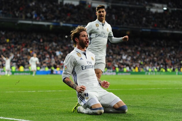 MADRID, SPAIN - MARCH 12:  Sergio Ramos of Real Madrid celebrates after scoring Real's 2nd goal during the La Liga match between Real Madrid CF and Real Betis Balompie at Estadio Santiago Bernabeu on March 12, 2017 in Madrid, Spain.  (Photo by Denis Doyle/Getty Images)