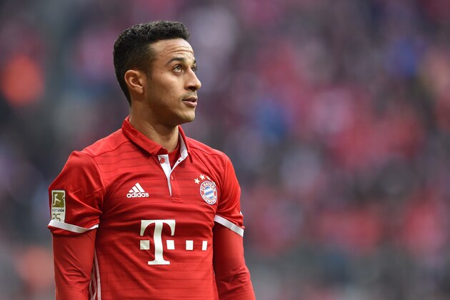 Bayern Munich's Spanish midfielder Thiago Alcantara reacts during the German First division Bundesliga football match Bayern Munich vs Eintracht Frankfurt in Munich, southern Germany, on March 11, 2017. / AFP PHOTO / Christof STACHE        (Photo credit should read CHRISTOF STACHE/AFP/Getty Images)