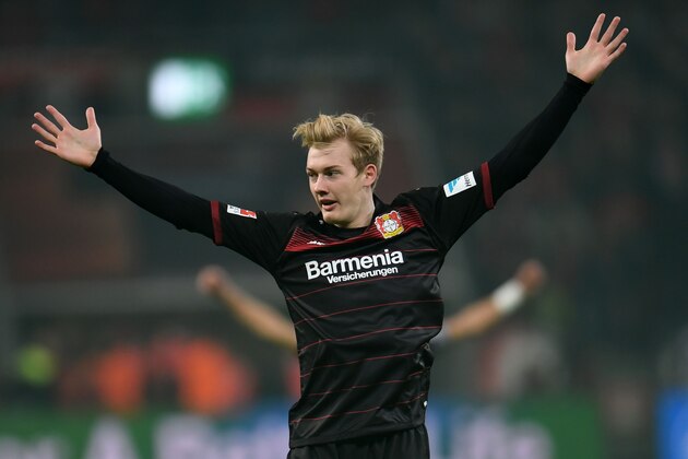 Leverkusen's midfielder Julian Brandt celebrates the first goal for Leverkusen during the German First division Bundesliga football match Bayer Leverkusen vs Werder Bremen in Leverkusen, western Germany, on March 10, 2017. / AFP PHOTO / PATRIK STOLLARZ / RESTRICTIONS: DURING MATCH TIME: DFL RULES TO LIMIT THE ONLINE USAGE TO 15 PICTURES PER MATCH AND FORBID IMAGE SEQUENCES TO SIMULATE VIDEO. == RESTRICTED TO EDITORIAL USE == FOR FURTHER QUERIES PLEASE CONTACT DFL DIRECTLY AT + 49 69 650050
(Photo credit should read PATRIK STOLLARZ/AFP/Getty Images) Leverkusen's midfielder Julian Brandt celebrates the first goal for Leverkusen during the German First division Bundesliga football match Bayer Leverkusen vs Werder Bremen in Leverkusen, western Germany, on March 10, 2017. / AFP PHOTO / PATRIK STOLLARZ / RESTRICTIONS: DURING MATCH TIME: DFL RULES TO LIMIT THE ONLINE USAGE TO 15 PICTURES PER MATCH AND FORBID IMAGE SEQUENCES TO SIMULATE VIDEO. == RESTRICTED TO EDITORIAL USE == FOR FURTHER QUERIES PLEASE CONTACT DFL DIRECTLY AT + 49 69 650050
(Photo credit should read PATRIK STOLLARZ/AFP/Getty Images)