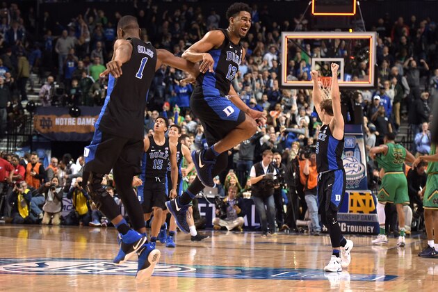 NEW YORK, NY - MARCH 11: Harry Giles #1, Matt Jones #13 and Luke Kennard #5 of the Duke Blue Devils celebrate following their 75-69 victory against the Notre Dame Fighting Irish during the ACC Basketball Tournament Championship game at Barclays Center on March 11, 2017 in the Brooklyn borough of New York City. (Photo by Lance King/Getty Images)
