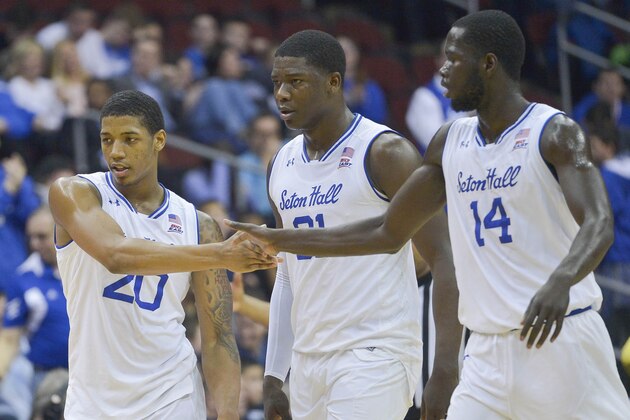 NEWARK, NJ - FEBRUARY 22:  Desi Rodriguez #20, Angel Delgado #31, and Ismael Sanogo #14 of the Seton Hall Pirates during the game against the Xavier Musketeers at the Prudential Center on February 22, 2017 in Newark, New Jersey. (Photo by Porter Binks/Getty Images)