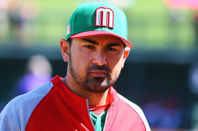 Mar 8, 2017; Salt River Pima-Maricopa, AZ, USA; Mexico first baseman Adrian Gonzalez prior to the game against the Arizona Diamondbacks during a 2017 World Baseball Classic exhibition game at Salt River Fields. Mandatory Credit: Mark J. Rebilas-USA TODAY Sports