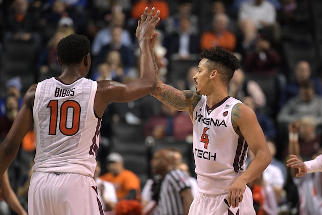 NEW YORK, NY - MARCH 08: Justin Bibbs #10 high-fives Seth Allen #4 of the Virginia Tech Hokies during their game against the Wake Forest Demon Deacons during the second round of the ACC Basketball Tournament at Barclays Center on March 8, 2017 in the Brooklyn borough of New York City. (Photo by Lance King/Getty Images)