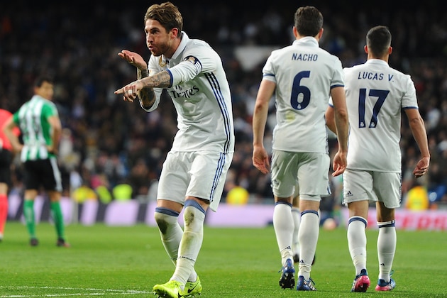 MADRID, SPAIN - MARCH 12:  Sergio Ramos of Real Madrid celebrates after scoring Real's 2nd goal during the La Liga match between Real Madrid CF and Real Betis Balompie at Estadio Santiago Bernabeu on March 12, 2017 in Madrid, Spain.  (Photo by Denis Doyle/Getty Images)