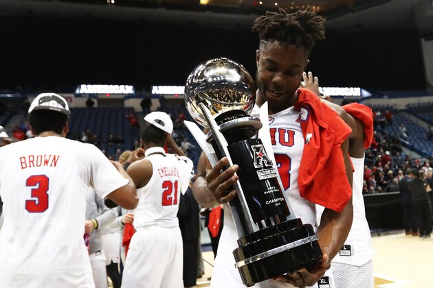 HARTFORD, CT - MARCH 11: Semi Ojeleye #33 of the Southern Methodist Mustangs celebrates after the Mustangs defeat the Bearcats 71-56 in the championship game of the AAC Basketball Tournament at the XL Center on March 11, 2017 in Hartford, Connecticut.(Photo by Maddie Meyer/Getty Images)
