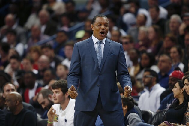 New Orleans Pelicans head coach Alvin Gentry calls out from the bench in the first half of an NBA basketball game against the Portland Trail Blazers in New Orleans, Tuesday, March 14, 2017. (AP Photo/Gerald Herbert)