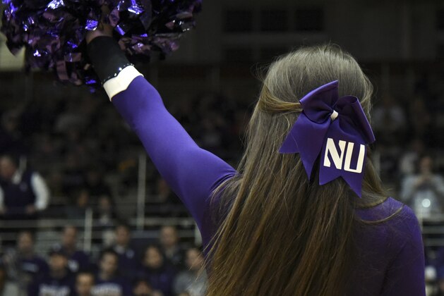 EVANSTON, IL- MARCH 12:  The Northwestern Wildcats cheerleaders perform during a NCAA Division I Men's Basketball Tournament Selection Show watch party. This is the first time that Northwestern Men's Basketball team has been selected  to play in the NCAA Tournament on March 12, 2017 at Welsh-Ryan Arena in Evanston, Illinois. (Photo by David Banks/Getty Images) *** Local Caption ***