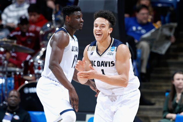 DAYTON, OH - MARCH 15:  Lawrence White #1 of the UC Davis Aggies reacts in the second half against the North Carolina Central Eagles during the First Four game in the 2017 NCAA Men's Basketball Tournament at UD Arena on March 15, 2017 in Dayton, Ohio.  (Photo by Joe Robbins/Getty Images)