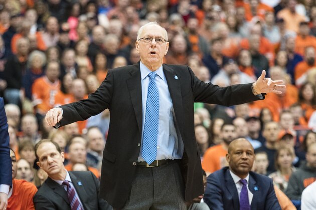 SYRACUSE, NY - FEBRUARY 04:  Head coach Jim Boeheim of the Syracuse Orange watches game action during the first half against the Virginia Cavaliers on February 4, 2017 at The Carrier Dome in Syracuse, New York. Syracuse defeats Virginia 66-62.  (Photo by Brett Carlsen/Getty Images)