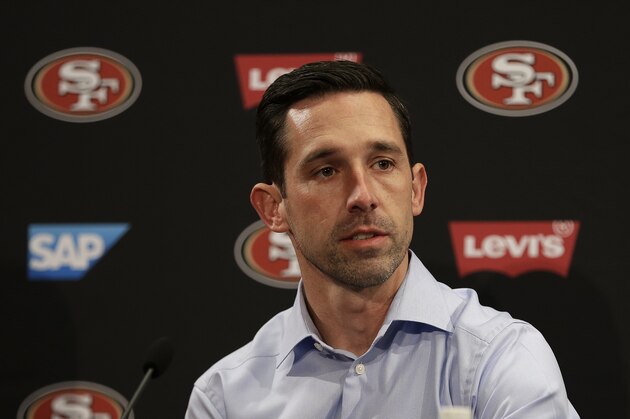 San Francisco 49ers head coach Kyle Shanahan answers questions from reporters during a media conference Friday, March 10, 2017, in Santa Clara, Calif. (AP Photo/Ben Margot)