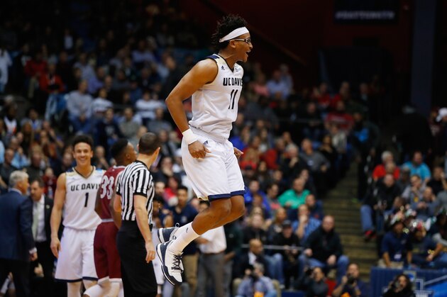DAYTON, OH - MARCH 15:  Chima Moneke #11 of the UC Davis Aggies celebrates defeating the North Carolina Central Eagles 67-63 during the First Four game in the 2017 NCAA Men's Basketball Tournament at UD Arena on March 15, 2017 in Dayton, Ohio.  (Photo by Gregory Shamus/Getty Images)