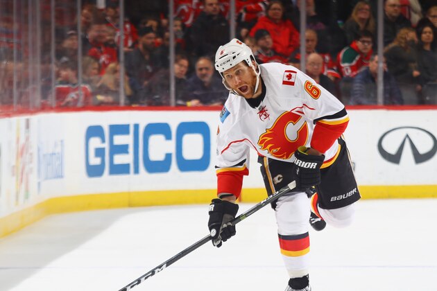 NEWARK, NJ - FEBRUARY 03: Dennis Wideman #6 of the Calgary Flames skates against the New Jersey Devils at the Prudential Center on February 3, 2017 in Newark, New Jersey. The Flames defeated the Devils 4-3 in overtime.  (Photo by Bruce Bennett/Getty Images)