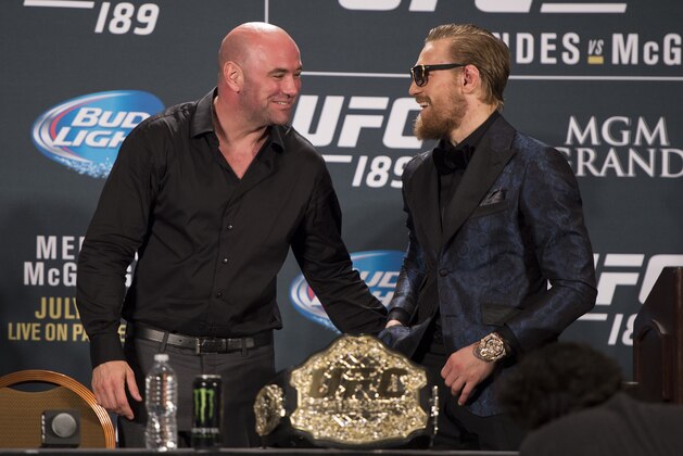 LAS VEGAS, NV - JULY 11:  UFC President Dana White (L) and UFC interim featherweight champion Conor McGregor interact during the UFC 189 post fight press conference at the MGM Grand Garden Arena on July 11, 2015 in Las Vegas, Nevada. (Photo by Jeff Bottari/Zuffa LLC/Zuffa LLC via Getty Images)