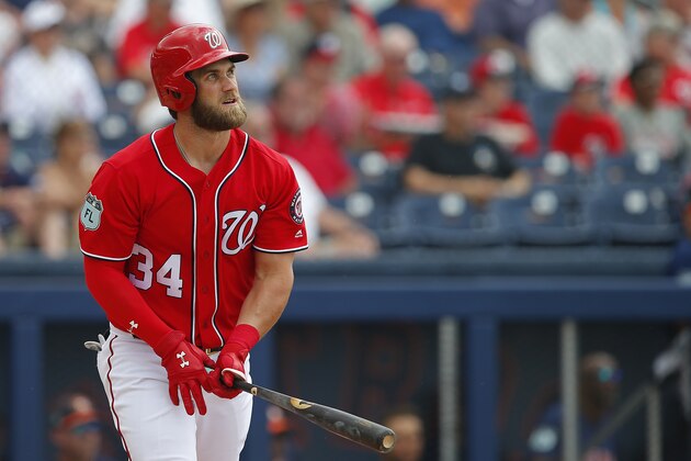 WEST PALM BEACH, FL - MARCH 12: Bryce Harper #34 of the Washington Nationals in action during a spring training baseball game against the Houston Astros on March 12, 2017 in West Palm Beach, Florida. (Photo by Rich Schultz/Getty Images)
