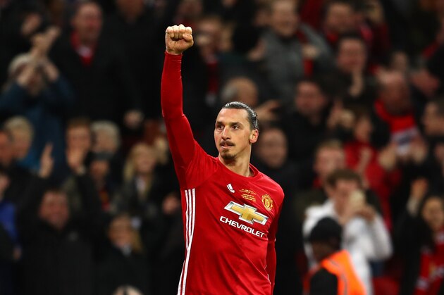 LONDON, ENGLAND - FEBRUARY 26:  Zlatan Ibrahimovic of Manchester United celebrates as he scores their third goal  during the EFL Cup Final between Manchester United and Southampton at Wembley Stadium on February 26, 2017 in London, England.  (Photo by Michael Steele/Getty Images)
