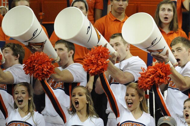 CHARLOTTESVILLE, VA - FEBRUARY 22:  The Virginia Cavaliers cheerleaders cheer during a college basketball game against the Florida State Seminoles at John Paul Jones Arena on February 22, 2015 in Charlottesville, Virginia.  The Cavaliers won 51-41.  (Photo by Mitchell Layton/Getty Images)