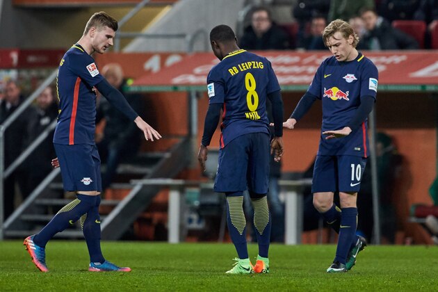 AUGSBURG, GERMANY - MARCH 03: Timo Werner of Leipzig, Naby Keita of Leipzig and Emil Forsberg of Leipzig look on during the Bundesliga match between FC Augsburg and RB Leipzig at WWK Arena on March 3, 2017 in Augsburg, Germany. (Photo by TF-Images/Getty Images)