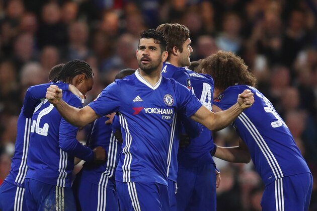 LONDON, ENGLAND - MARCH 13:  Diego Costa of Chelsea and team mates celebrate as N'Golo Kante of Chelsea (obscured) scores their first goal during The Emirates FA Cup Quarter-Final match between Chelsea and Manchester United at Stamford Bridge on March 13, 2017 in London, England.  (Photo by Julian Finney/Getty Images)