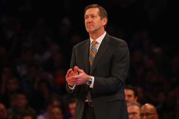 NEW YORK, NY - JANUARY 16:  Jeff Hornacek of the New York Knicks looks on during the game against the Atlanta Hawks at Madison Square Garden on January 16, 2017 in New York City.  NOTE TO USER: User expressly acknowledges and agrees that, by downloading and or using this photograph, User is consenting to the terms and conditions of the Getty Images License Agreement. Atlanta Hawks defeated the New York Knicks 108-107.  (Photo by Mike Stobe/Getty Images)