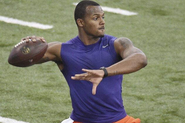 Deshawn Watson runs a drill during football pro day at Clemson University, Thursday, March 16, 2017, in Clemson, S.C. (AP Photo/Rainier Ehrhardt)
