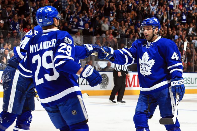TORONTO, CANADA - MARCH 07:  Nazim Kadri #43 of the Toronto Maple Leafs celebrates a goal with Auston Matthews #34 and William Nylander #29 during an NHL game against the Detroit Red Wings at Air Canada Centre on March 7, 2017 in Toronto, Canada.  (Photo by Vaughn Ridley/Getty Images)