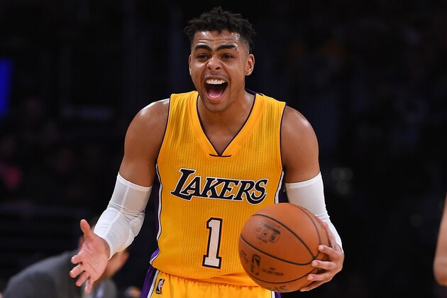 LOS ANGELES, CA - JANUARY 31:  D'Angelo Russell #1 of the Los Angeles Lakers reacts to a call in the second half of the game against the Denver Nuggets at Staples Center on January 31, 2017 in Los Angeles, California. Lakers won 120-116. NOTE TO USER: User expressly acknowledges and agrees that, by downloading and or using this photograph, User is consenting to the terms and conditions of the Getty Images License Agreement. (Photo by Jayne Kamin-Oncea/Getty Images)
