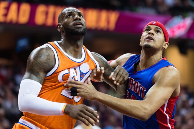 CLEVELAND, OH - MARCH 14: LeBron James #23 of the Cleveland Cavaliers and Tobias Harris #34 of the Detroit Pistons battle for a rebound during the first half at Quicken Loans Arena on March 14, 2017 in Cleveland, Ohio. NOTE TO USER: User expressly acknowledges and agrees that, by downloading and/or using this photograph, user is consenting to the terms and conditions of the Getty Images License Agreement. (Photo by Jason Miller/Getty Images)
