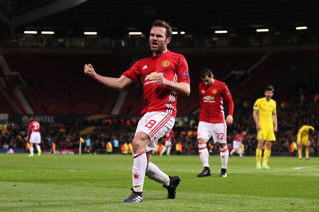 MANCHESTER, ENGLAND - MARCH 16:  Juan Mata of Manchester United celebrates scoring the first goal which made the score 1-0  during the UEFA Europa League Round of 16 second leg match between Manchester United and FK Rostov at Old Trafford on March 16, 2017 in Manchester, United Kingdom.  (Photo by Matthew Ashton - AMA/Getty Images)