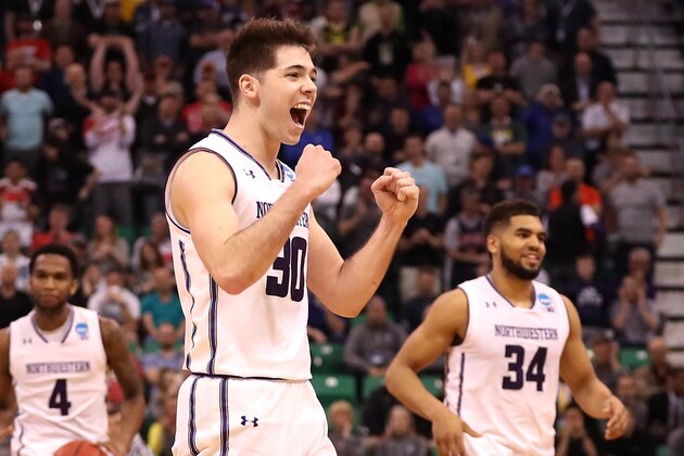 SALT LAKE CITY, UT - MARCH 16: Bryant McIntosh #30 of the Northwestern Wildcats celebrates with teammates after defeating the Vanderbilt Commodores during the first round of the 2017 NCAA Men's Basketball Tournament at Vivint Smart Home Arena on March 16, 2017 in Salt Lake City, Utah. (Photo by Christian Petersen/Getty Images) SALT LAKE CITY, UT - MARCH 16: Bryant McIntosh #30 of the Northwestern Wildcats celebrates with teammates after defeating the Vanderbilt Commodores during the first round of the 2017 NCAA Men's Basketball Tournament at Vivint Smart Home Arena on March 16, 2017 in Salt Lake City, Utah. (Photo by Christian Petersen/Getty Images)