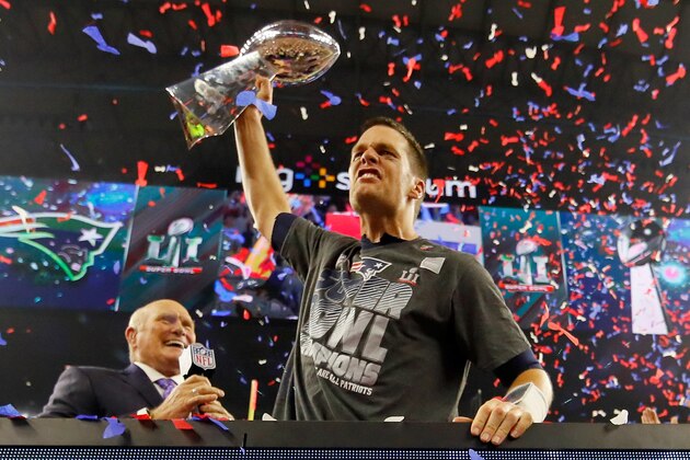 HOUSTON, TX - FEBRUARY 05:  Tom Brady #12 of the New England Patriots celebrates with the Vince Lombardi Trophy after defeating the Atlanta Falcons during Super Bowl 51 at NRG Stadium on February 5, 2017 in Houston, Texas. The Patriots defeated the Falcons 34-28.  (Photo by Kevin C. Cox/Getty Images)