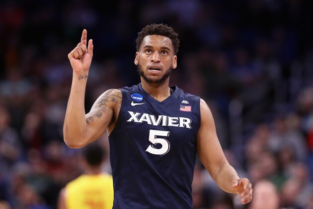 ORLANDO, FL - MARCH 16:  Trevon Bluiett #5 of the Xavier Musketeers reacts in the second half against the Maryland Terrapins during the first round of the 2017 NCAA Men's Basketball Tournament at Amway Center on March 16, 2017 in Orlando, Florida.  (Photo by Rob Carr/Getty Images)