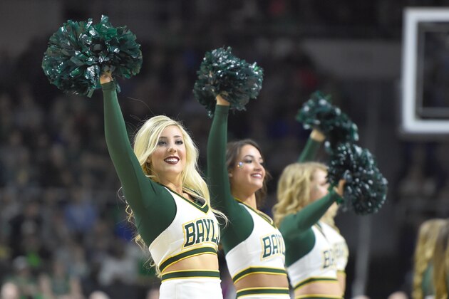 PROVIDENCE, RI - MARCH 17:  The Baylor Bears cheerleaders on the floor during a first round NCAA College Basketball Tournament game against the Yale Bulldogs at Dunkin' Donuts Center on March 17, 2016 in Providence, Rhode Island.  The Bulldogs won 93-85.  (Photo by Mitchell Layton/Getty Images) *** Local Caption ***
