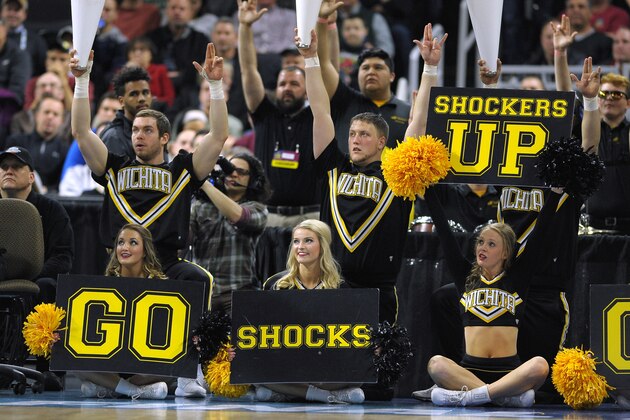 PROVIDENCE, RI - MARCH 19: Cheerleaders of the Wichita State Shockers perform during a game against the Miami Hurricanes during the second round of the 2016 NCAA Men's Basketball Tournament at Dunkin' Donuts Center on March 19, 2016 in Providence, Rhode Island. (Photo by Lance King/Getty Images)