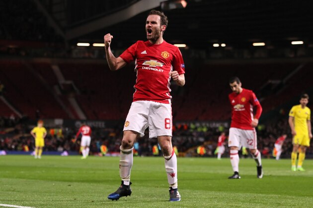 MANCHESTER, ENGLAND - MARCH 16:  Juan Mata of Manchester United celebrates scoring the first goal which made the score 1-0  during the UEFA Europa League Round of 16 second leg match between Manchester United and FK Rostov at Old Trafford on March 16, 2017 in Manchester, United Kingdom.  (Photo by Matthew Ashton - AMA/Getty Images)