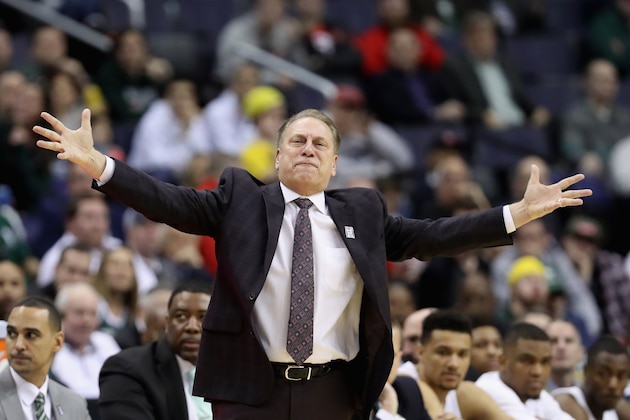 WASHINGTON, DC - MARCH 09:  Head coach Tom Izzo of the Michigan State Spartans reacts to a call against the Penn State Nittany Lions during the Big Ten Basketball Tournament at Verizon Center on March 9, 2017 in Washington, DC.  (Photo by Rob Carr/Getty Images)