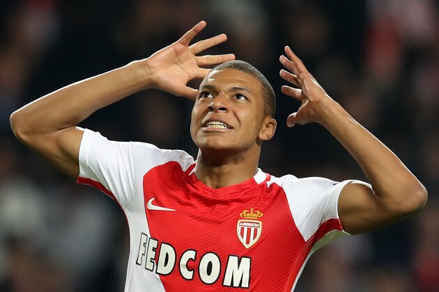 Monaco's French forward Kylian Mbappe Lottin reacts after missing a goal opportunity during the UEFA Champions League round of 16 football match between Monaco and Manchester City at the Stade Louis II in Monaco on March 15, 2017. / AFP PHOTO / Valery HACHE        (Photo credit should read VALERY HACHE/AFP/Getty Images)