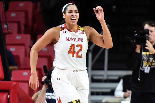 COLLEGE PARK, MD - JANUARY 19:  Brionna Jones #42 of the Maryland Terrapins celebrates a shot during a women's college basketball game against the Michigan Wolverines at the XFinity Center on January 19, 2017 in College Park, Maryland.  The Terrapins won 83-70.  (Photo by Mitchell Layton/Getty Images)