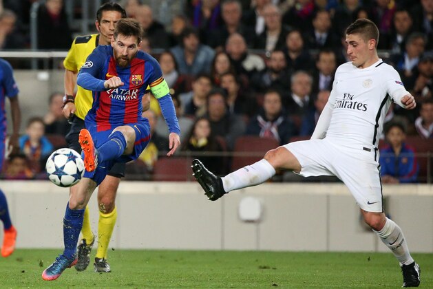 BARCELONA, SPAIN - MARCH 8: Lionel Messi of FC Barcelona and Marco Verratti of PSG in action during the UEFA Champions League Round of 16 second leg match between FC Barcelona and Paris Saint-Germain (PSG) at Camp Nou on March 8, 2017 in Barcelona, Spain. (Photo by Jean Catuffe/Getty Images)