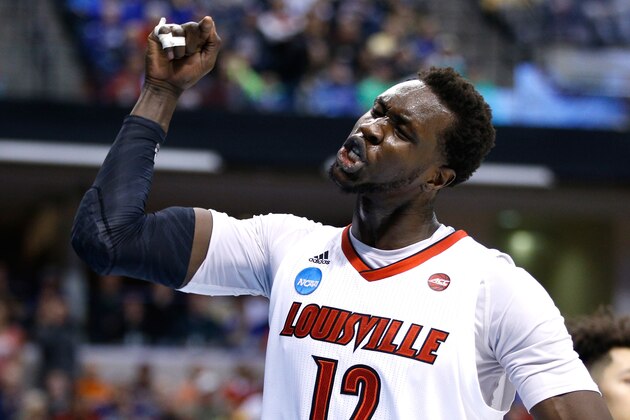INDIANAPOLIS, IN - MARCH 17:  Mangok Mathiang #12 of the Louisville Cardinals reacts against the Jacksonville State Gamecocks during the first round of the 2017 NCAA Men's Basketball Tournament at Bankers Life Fieldhouse on March 17, 2017 in Indianapolis, Indiana.  (Photo by Joe Robbins/Getty Images)