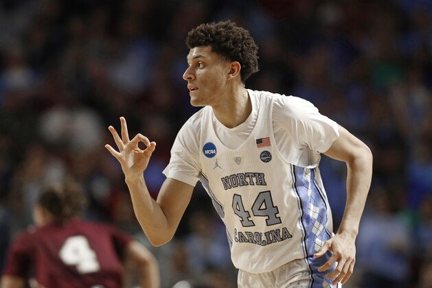 North Carolina's Justin Jackson (44) reacts after making a three-point basket against Texas Southern during the first half in a first-round game of the NCAA men's college basketball tournament in Greenville, S.C., Friday, March 17, 2017. (AP Photo/Chuck Burton)